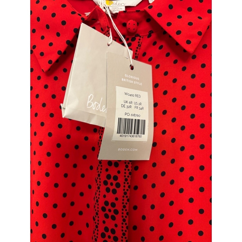 Boden Red Polka Dot Pleated Shirt Dress Long Sleeve Midi US 2R NEW Parisian Chic - Picture 6 of 10